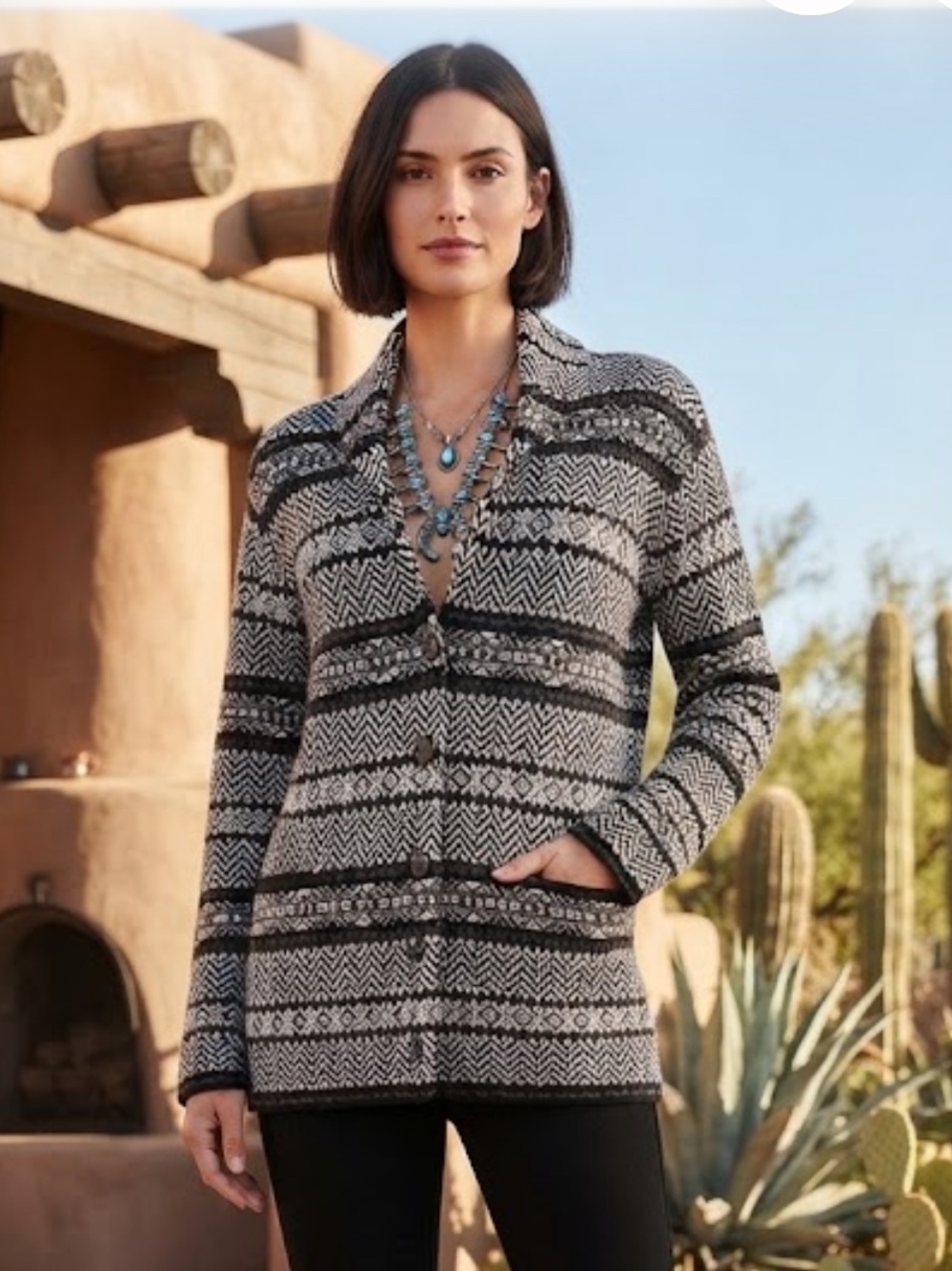 NWOT Ralph Lauren Chaps White Black and Gray Geometric Pattern Button Cardigan